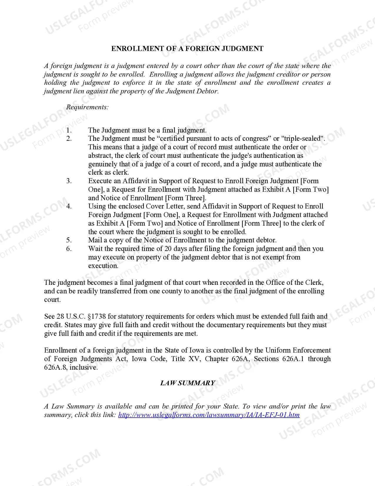 Preview Iowa Foreign Judgment Enrollment