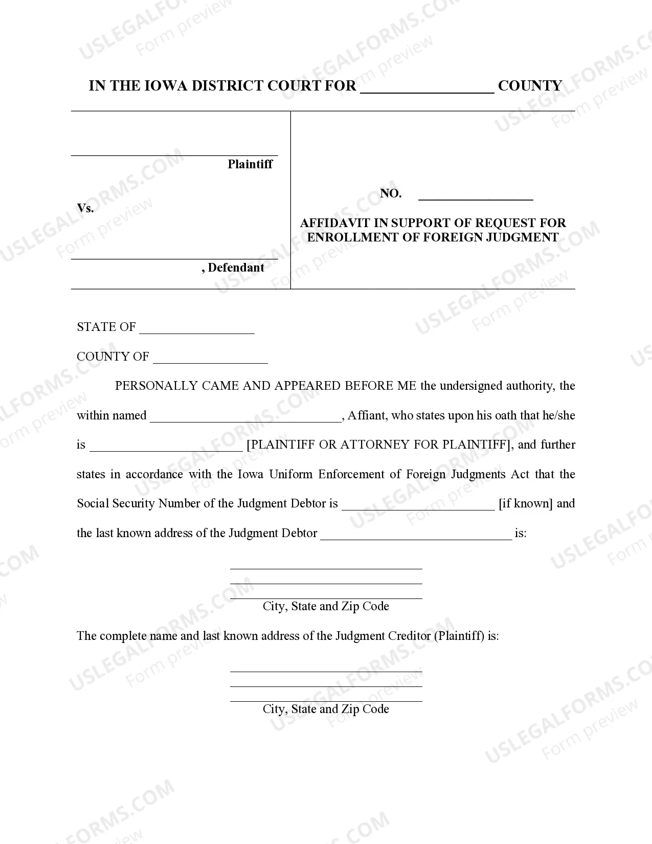 Preview Iowa Foreign Judgment Enrollment