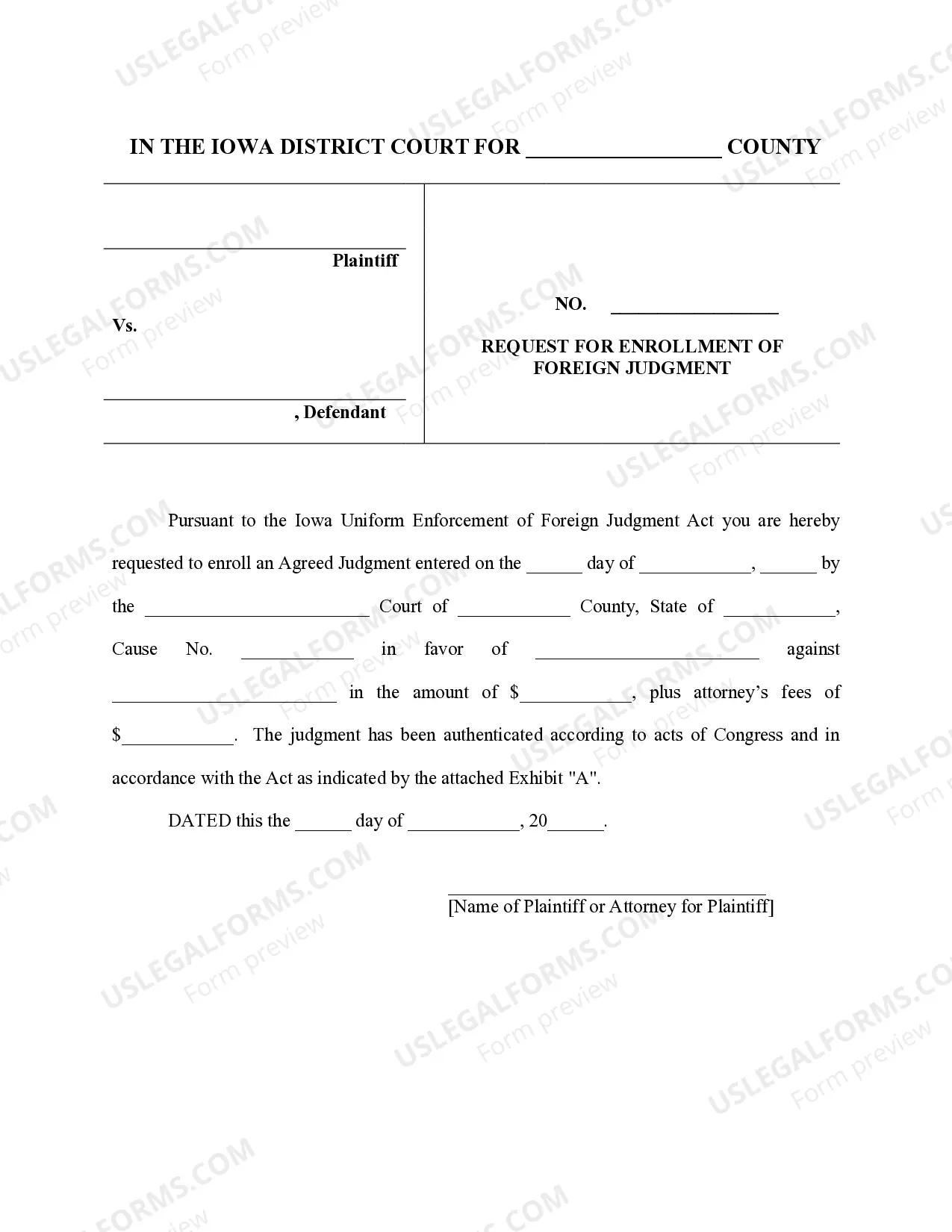 Preview Iowa Foreign Judgment Enrollment