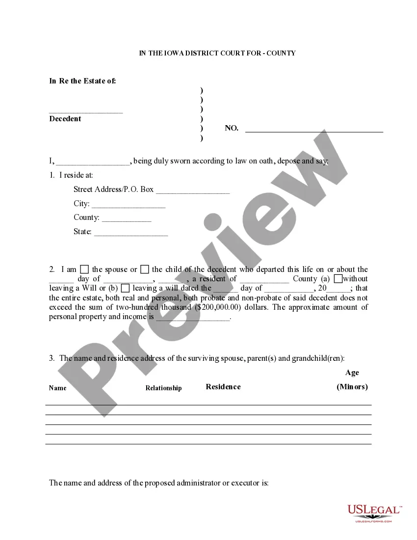 Preview Small Estate Affidavit for Estates Not More Than $200,000