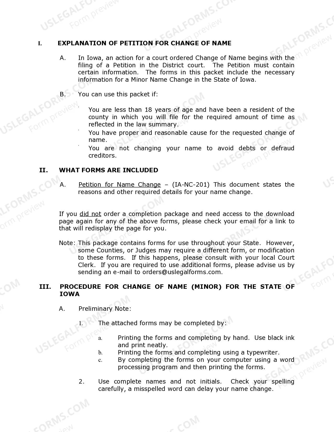 Preview Iowa Name Change Instructions and Forms Package for a Minor