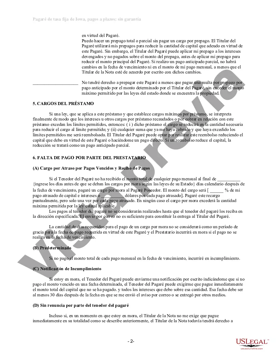 Preview Pagaré de pago a plazos no garantizado de Iowa para tasa fija
