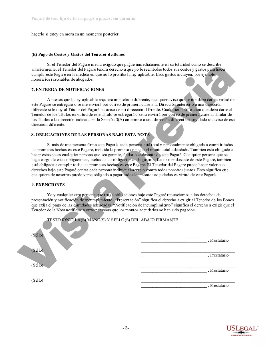 Preview Pagaré de pago a plazos no garantizado de Iowa para tasa fija