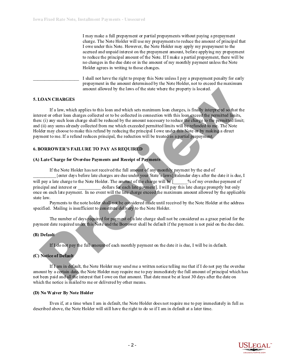 page 1 Iowa Unsecured Installment Payment Promissory Note for Fixed Rate preview