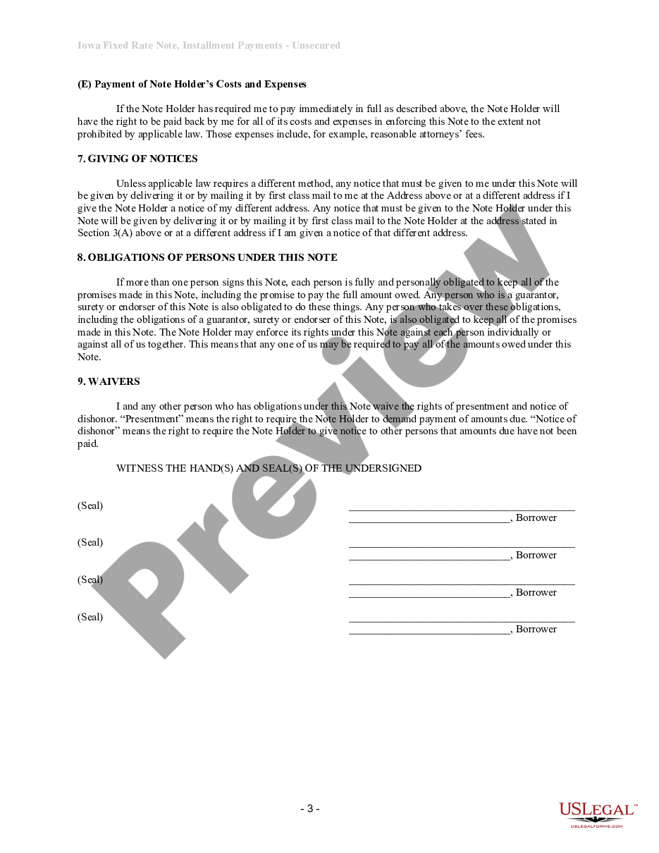 form Iowa Unsecured Installment Payment Promissory Note for Fixed Rate preview