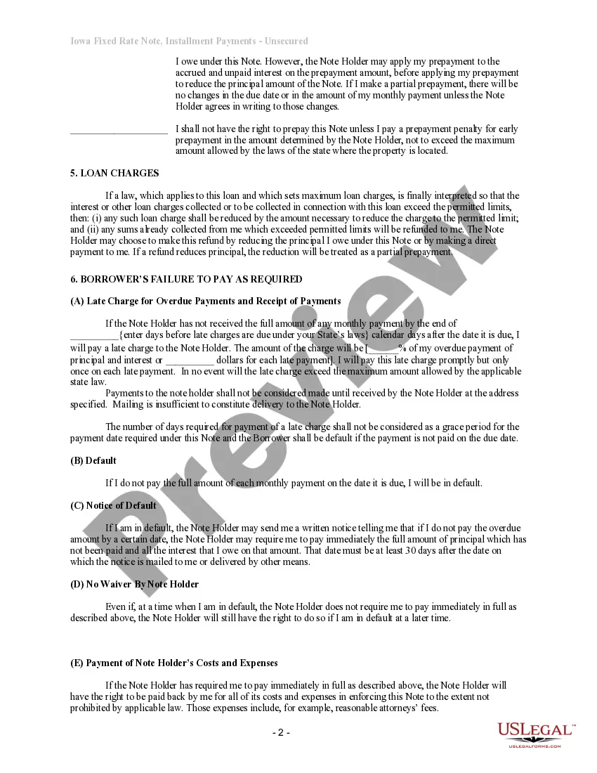 Preview Iowa Unsecured Installment Payment Promissory Note for Fixed Rate