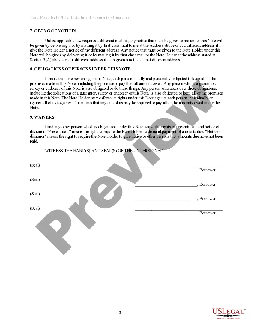 Preview Iowa Unsecured Installment Payment Promissory Note for Fixed Rate