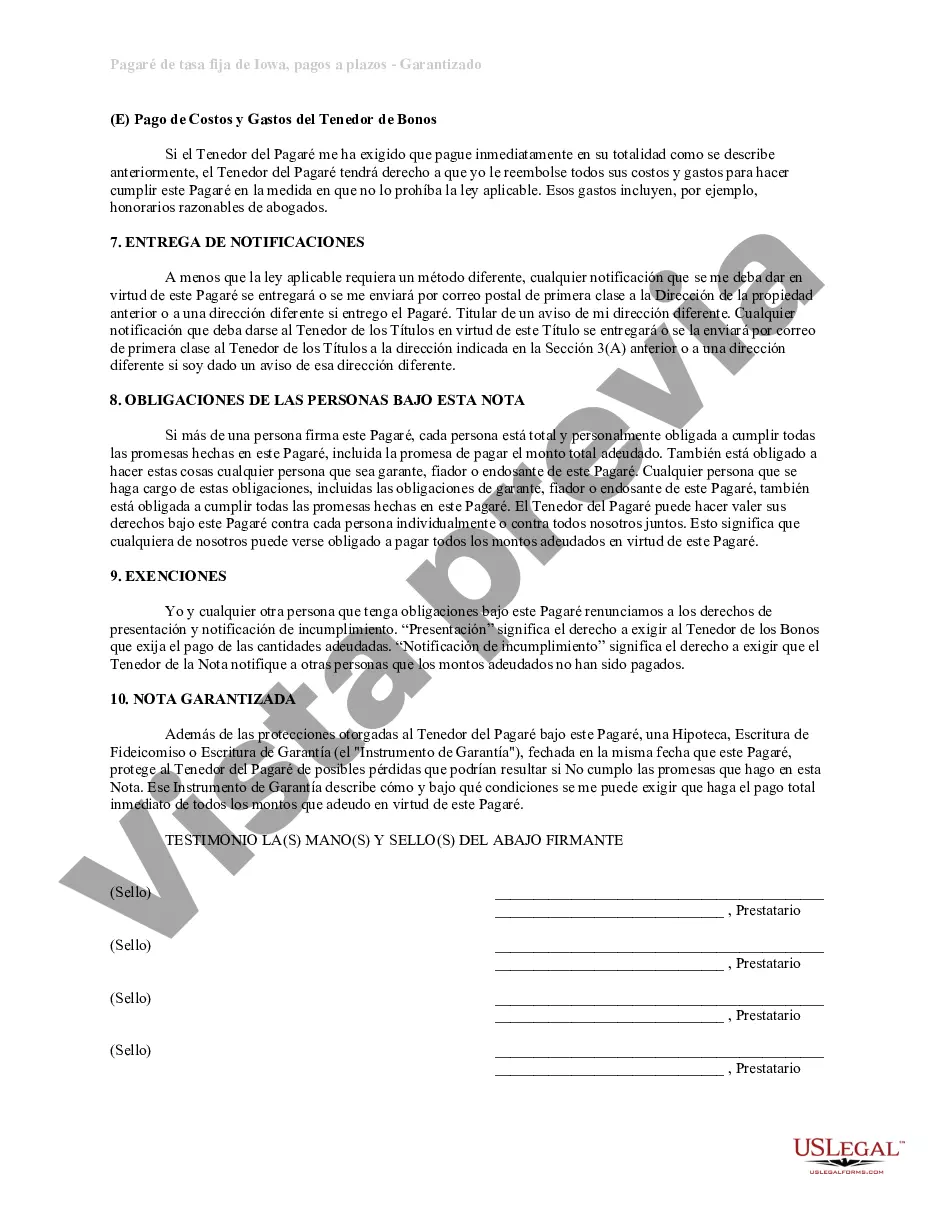 Preview Pagaré de tasa fija a plazos de Iowa garantizado por bienes raíces residenciales