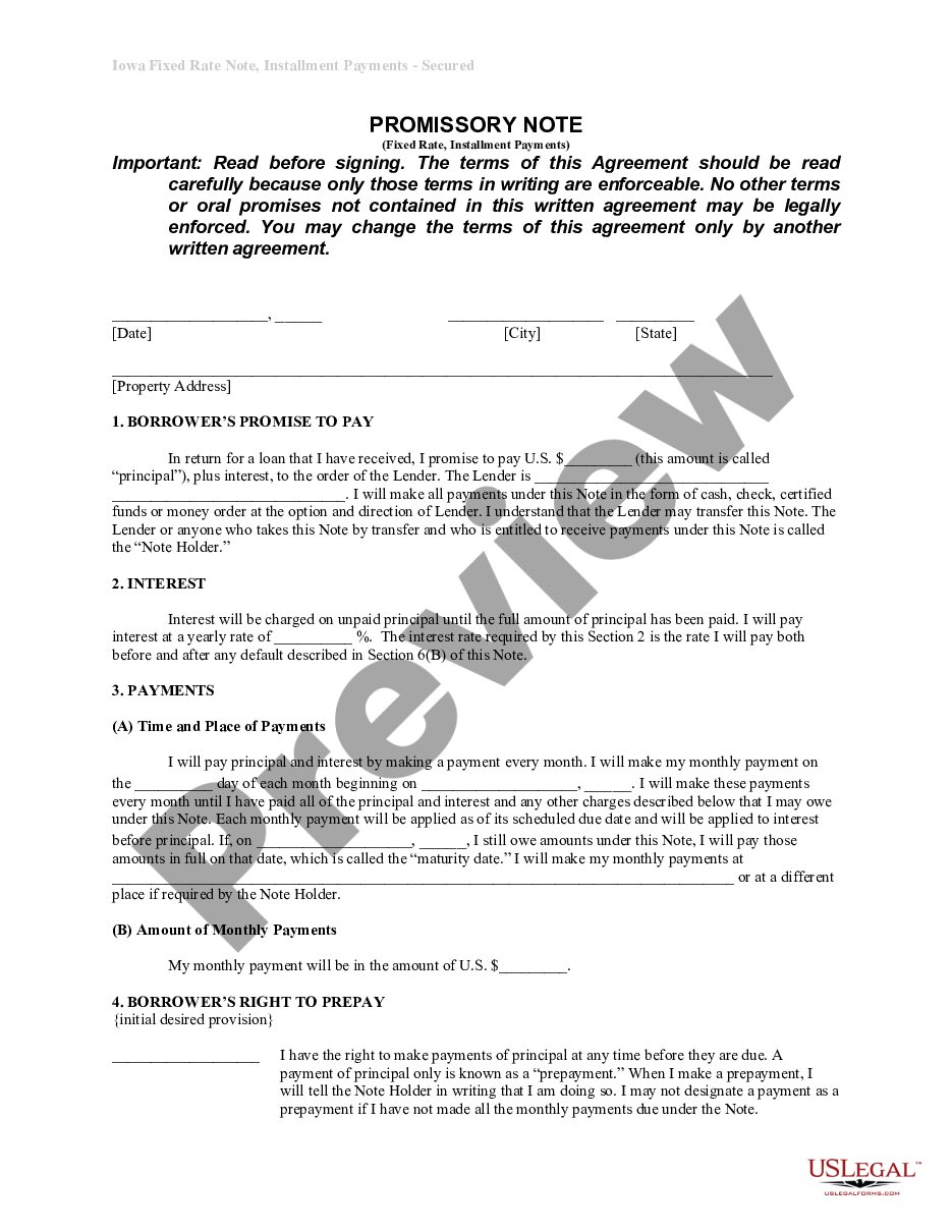 page 0 Iowa Installments Fixed Rate Promissory Note Secured by Residential Real Estate preview