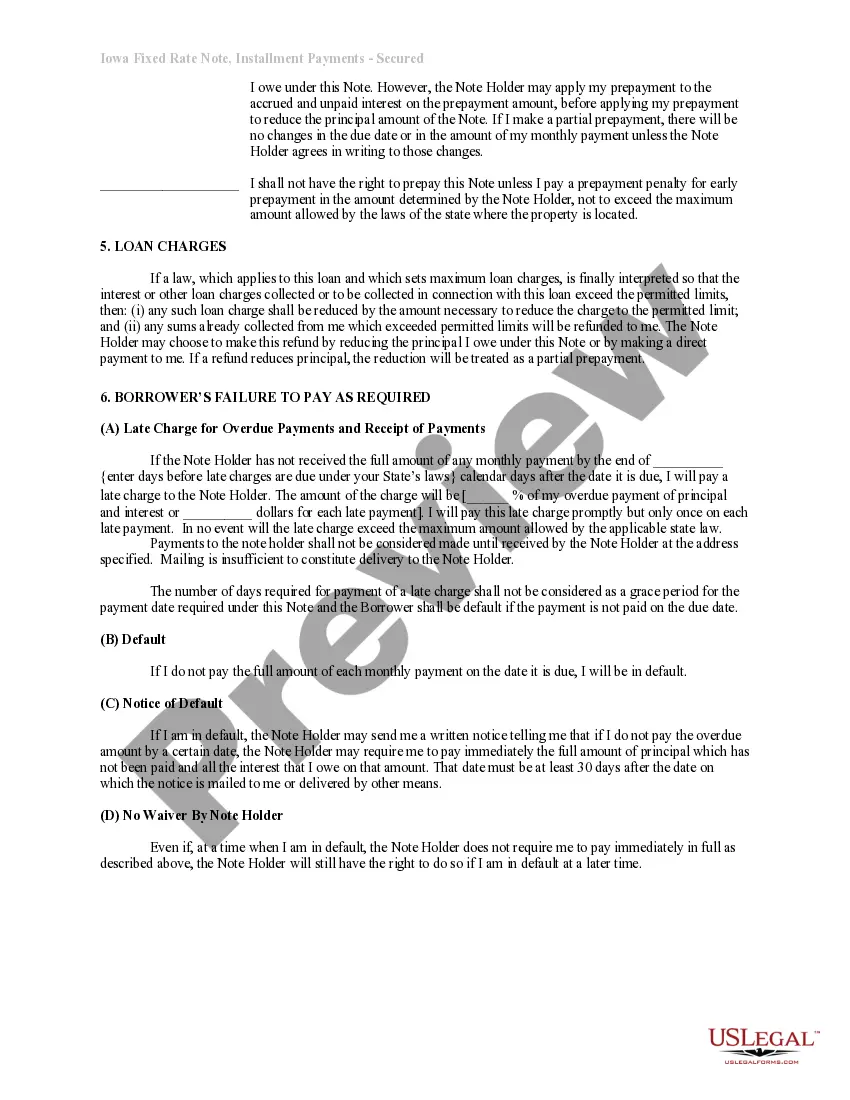 Preview Iowa Installments Fixed Rate Promissory Note Secured by Residential Real Estate