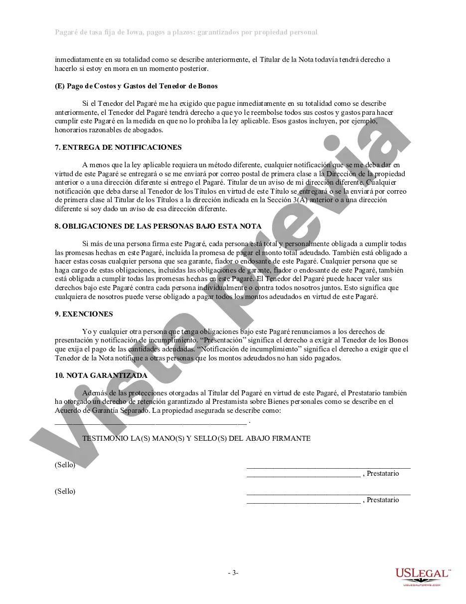Preview Pagaré de tasa fija a plazos de Iowa garantizado por propiedad personal