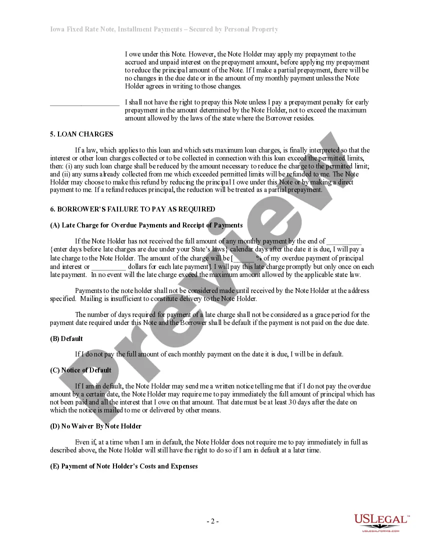 Preview Iowa Installments Fixed Rate Promissory Note Secured by Personal Property