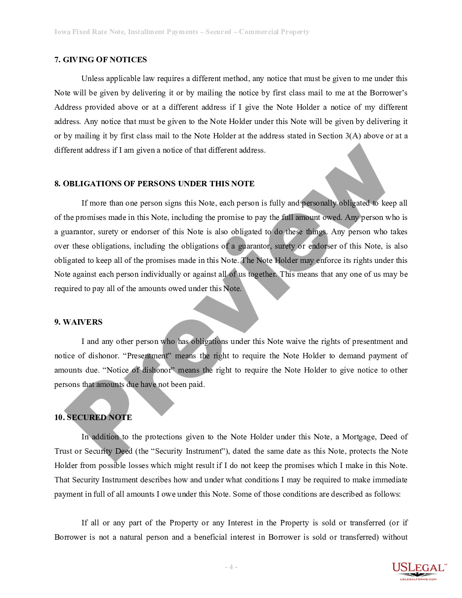 page 3 Iowa Installments Fixed Rate Promissory Note Secured by Commercial Real Estate preview