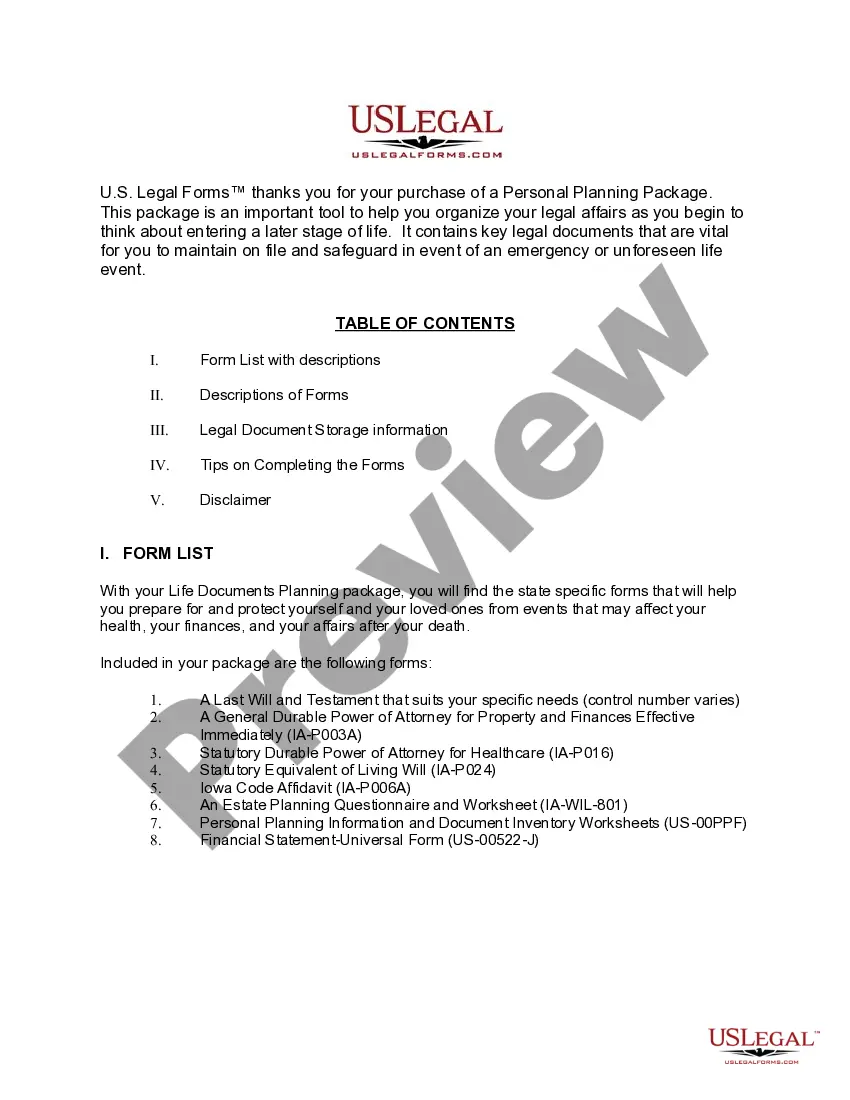 Preview Iowa Life Documents Planning Package, including Will, Power of Attorney and Living Will