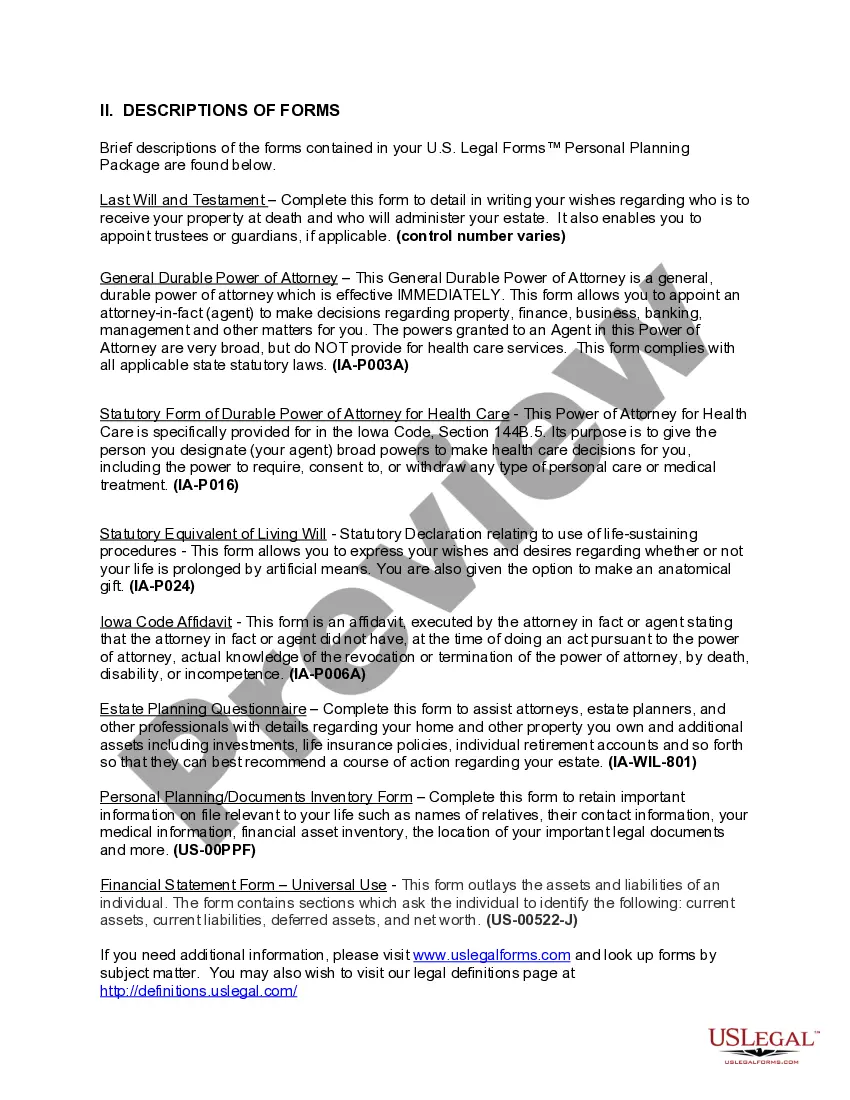 Preview Iowa Life Documents Planning Package, including Will, Power of Attorney and Living Will