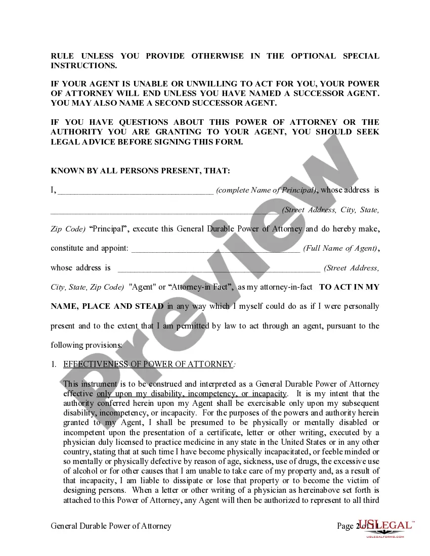 Preview General Durable Power of Attorney for Property and Finances or Financial Effective upon Disability