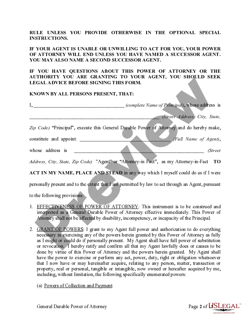 Preview General Durable Power of Attorney for Property and Finances or Financial Effective Immediately