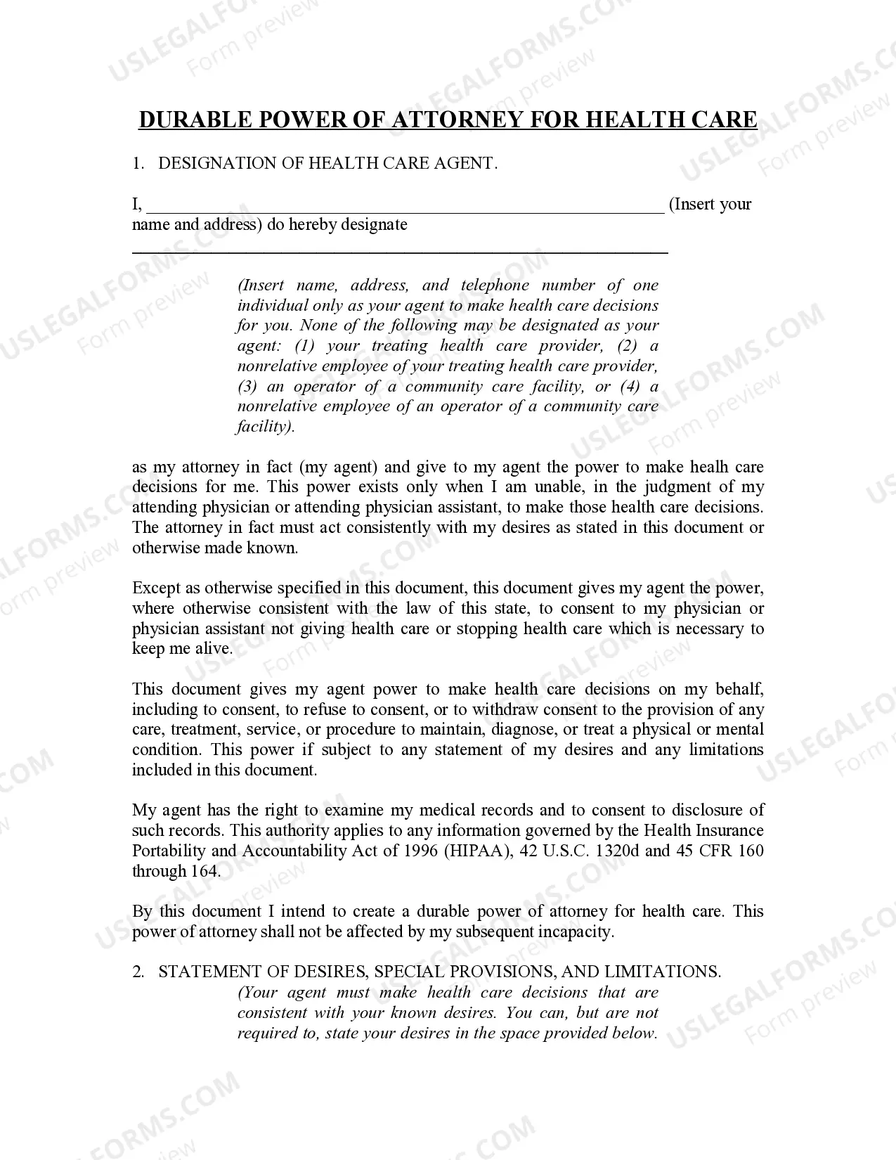 Preview Durable Power of Attorney for Health Care