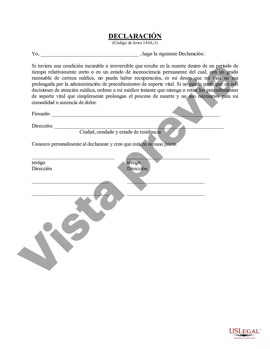 Preview Equivalente estatutario de testamento en vida o declaración: declaración estatutaria relacionada con el uso de procedimientos de mantenimiento de la vida