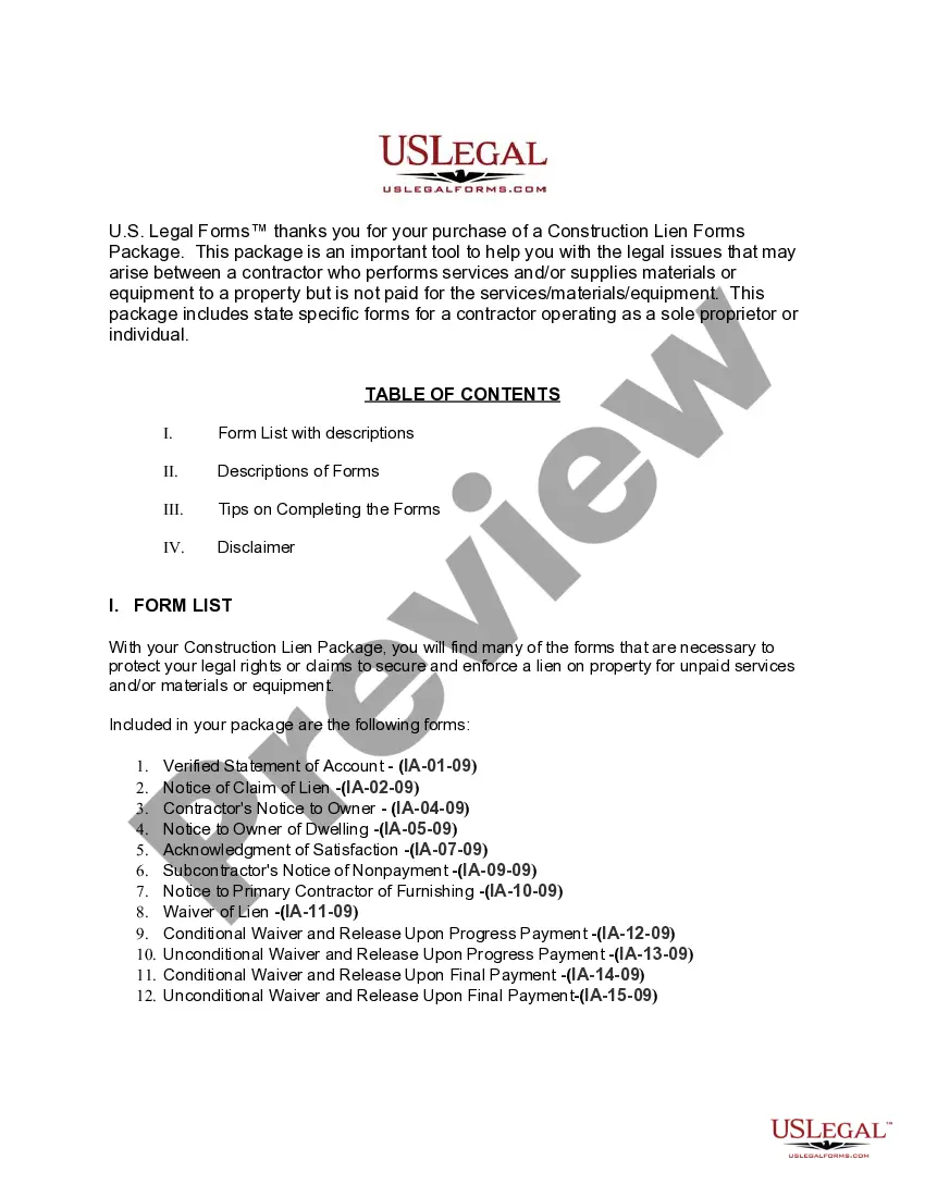 Preview Iowa Construction or Mechanics Lien Package - Individual