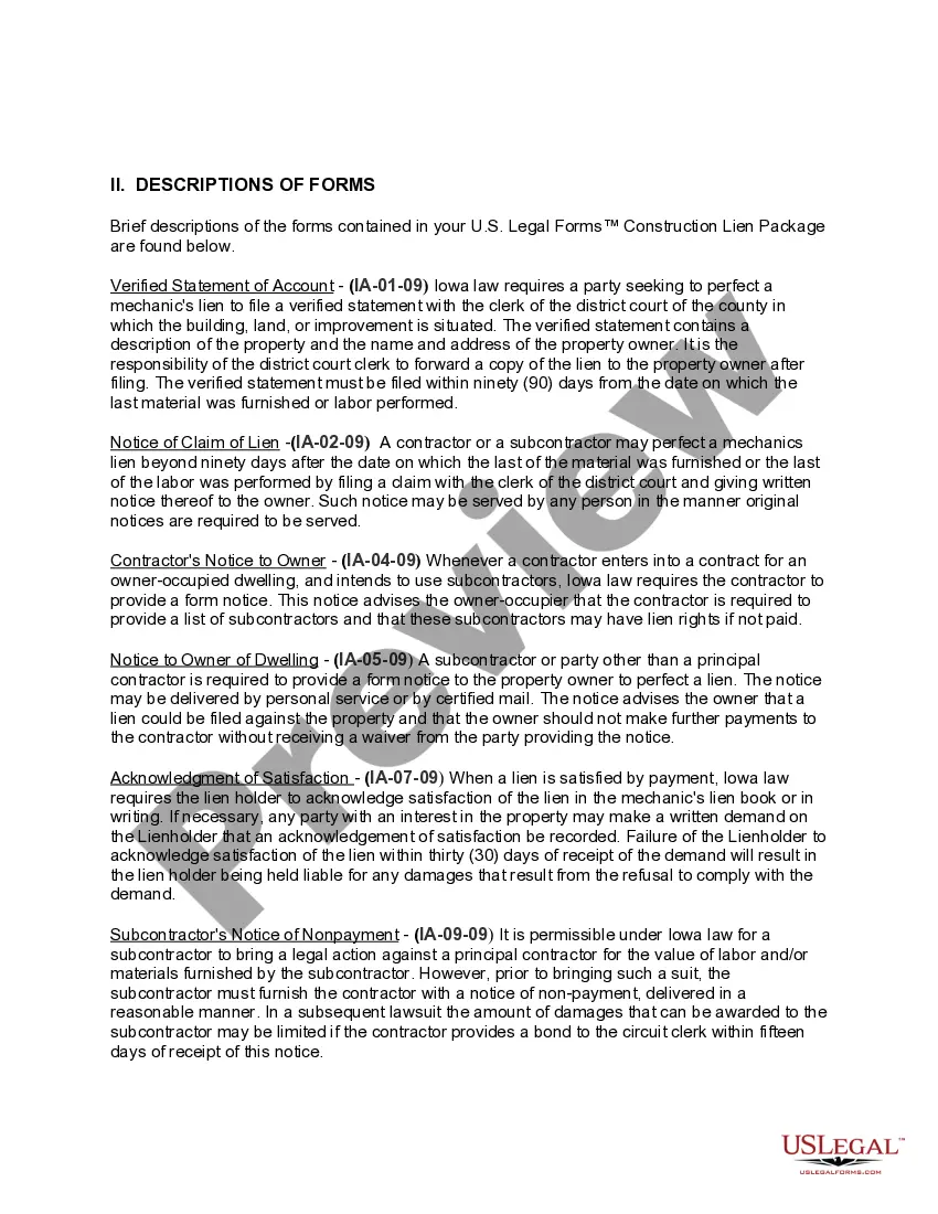 Preview Iowa Construction or Mechanics Lien Package - Individual