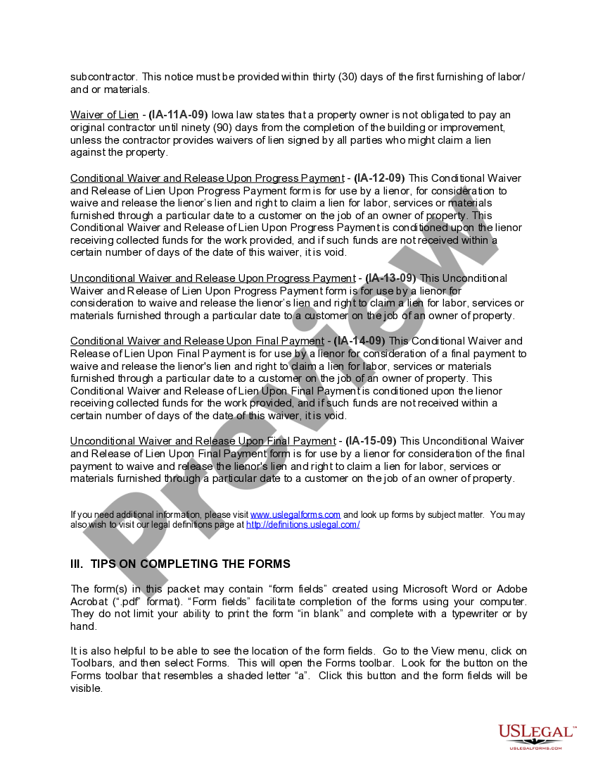 Iowa Construction or Mechanics Lien Package Iowa Mechanics Lien US