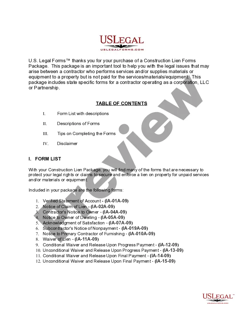 Preview Iowa Construction or Mechanics Lien Package - Corporation or LLC