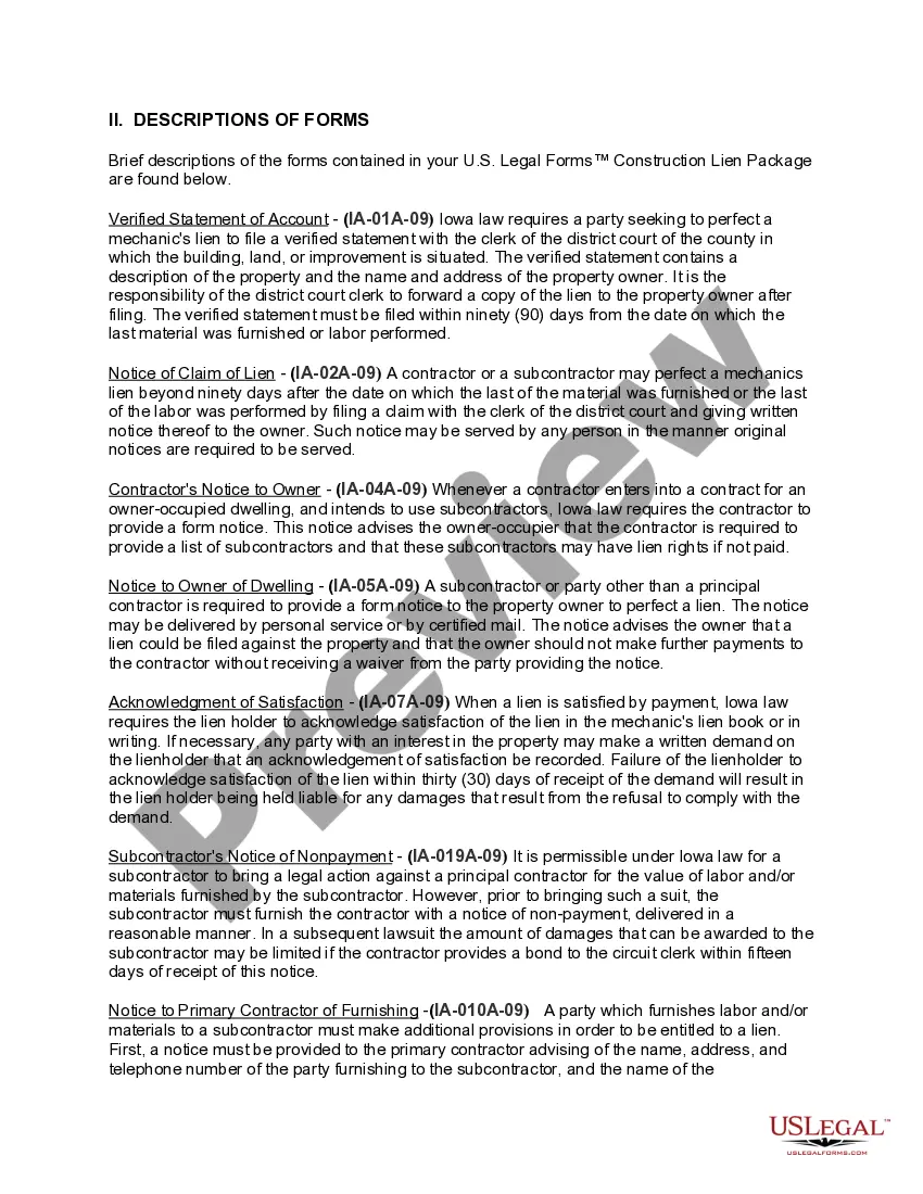 Preview Iowa Construction or Mechanics Lien Package - Corporation or LLC