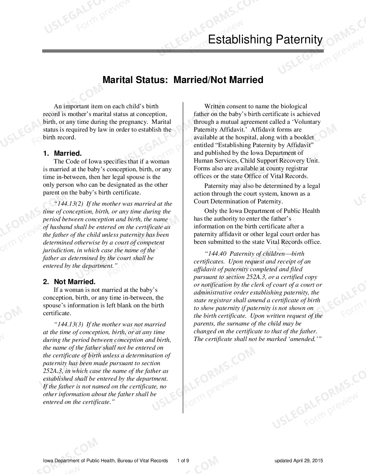 Preview Information on Establishing Paternity