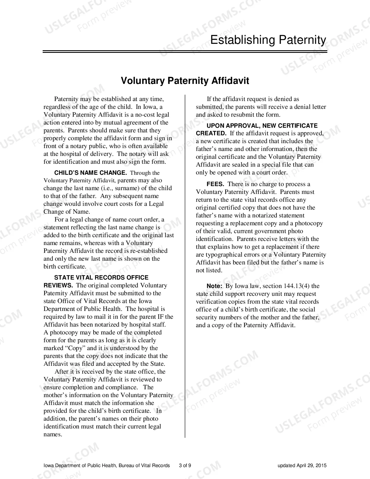 Preview Information on Establishing Paternity