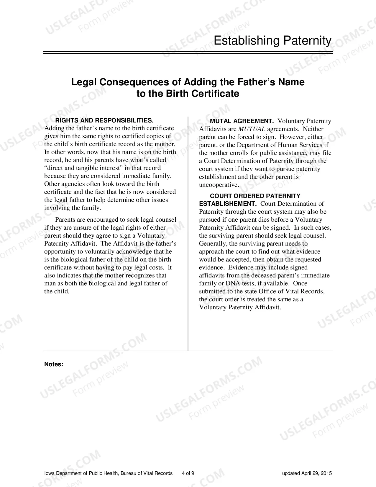 Preview Information on Establishing Paternity