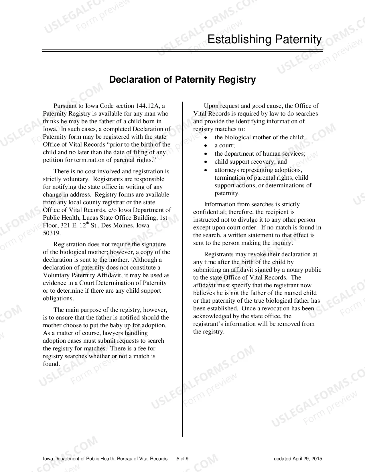 Preview Information on Establishing Paternity