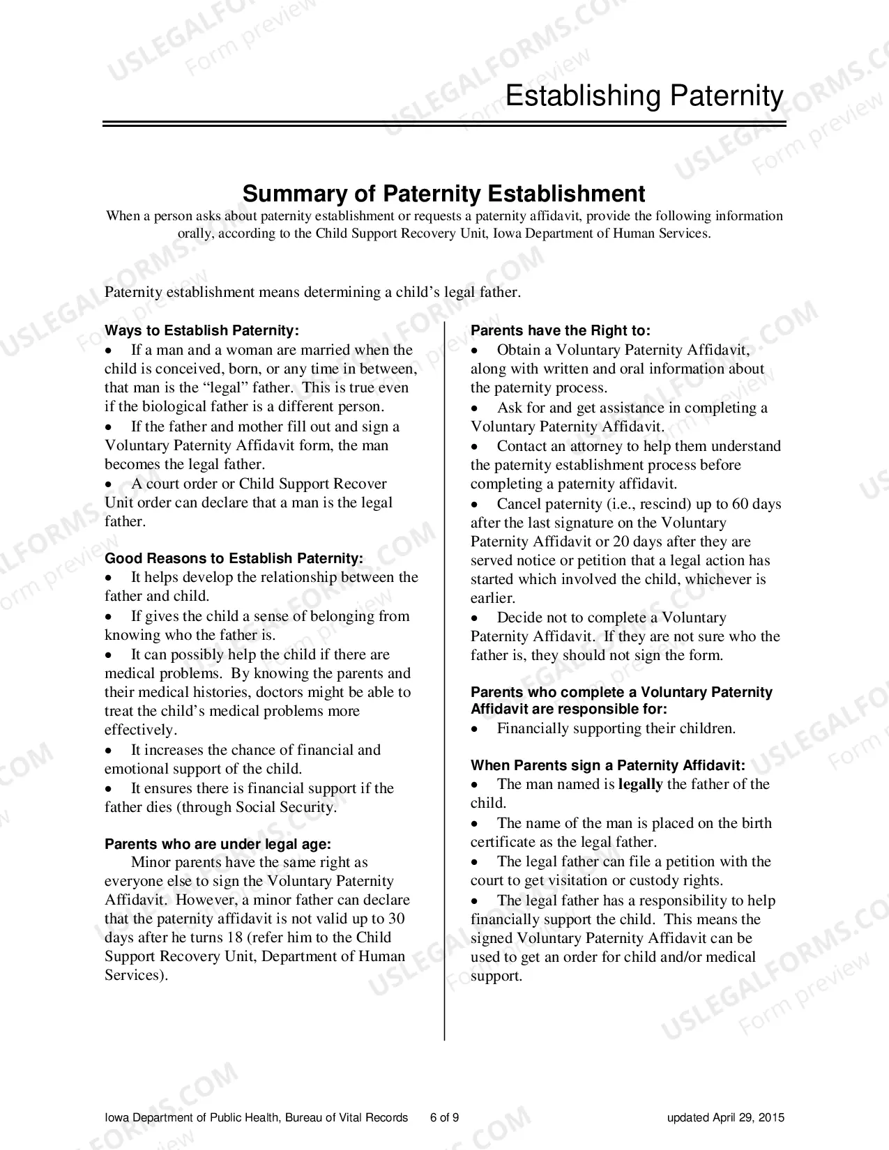 Preview Information on Establishing Paternity