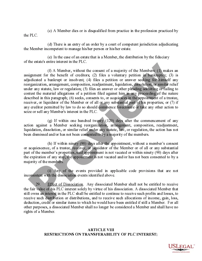 Preview Sample Operating Agreement for Professional Limited Liability Company PLLC