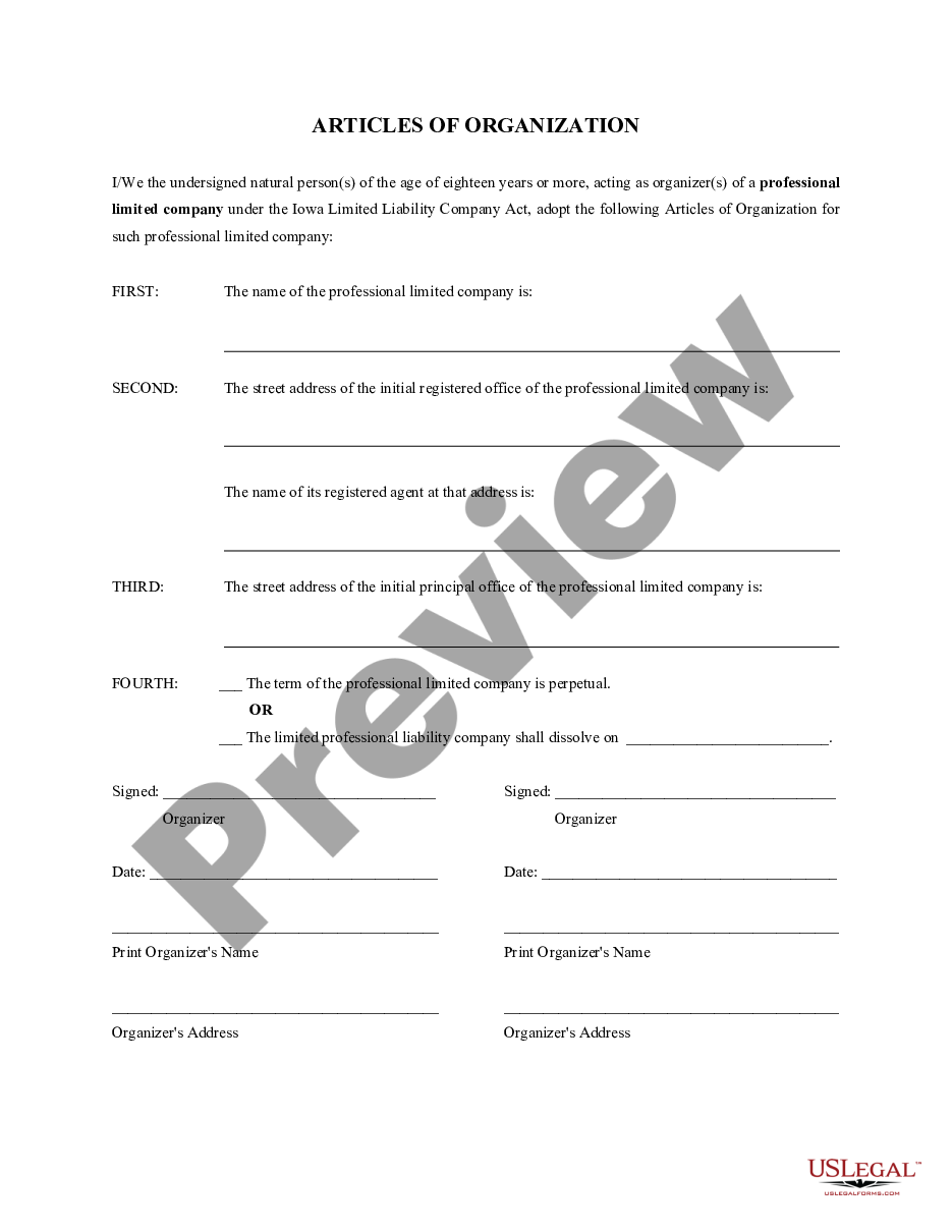 page 1 Articles of Organization for an Iowa Professional Limited Liability Company PLLC preview
