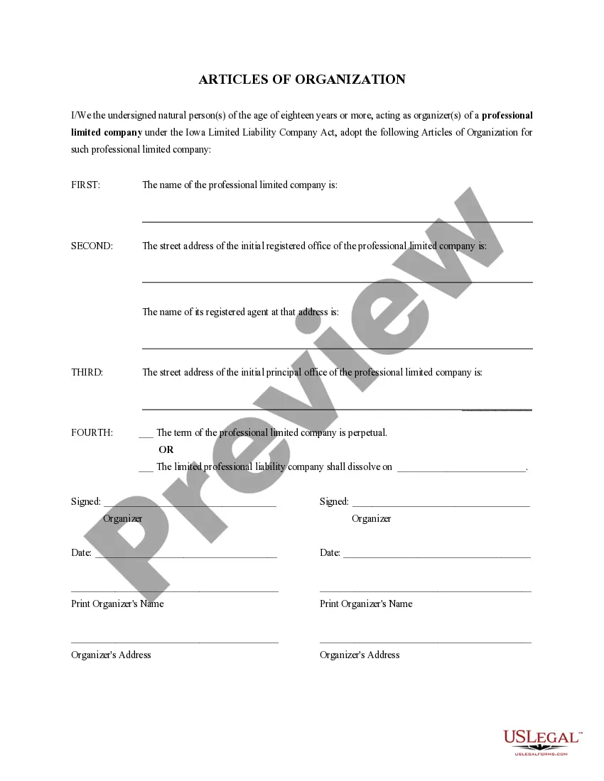 Get Articles of Organization for an Iowa Professional Limited Liability Company PLLC Preview Articles of Organization for an Iowa Professional Limited Liability Company PLLC