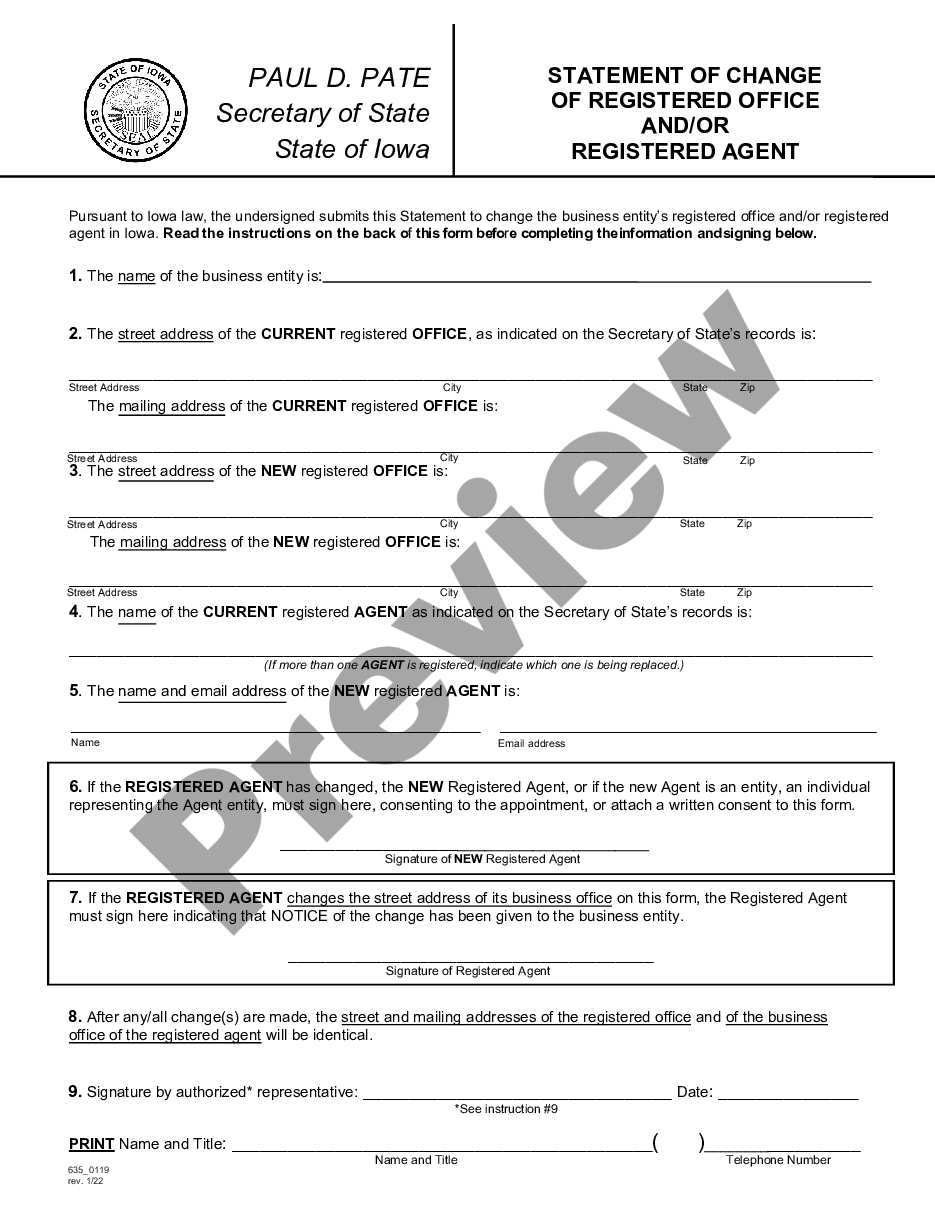 page 0 Iowa Change of Registered Agent preview
