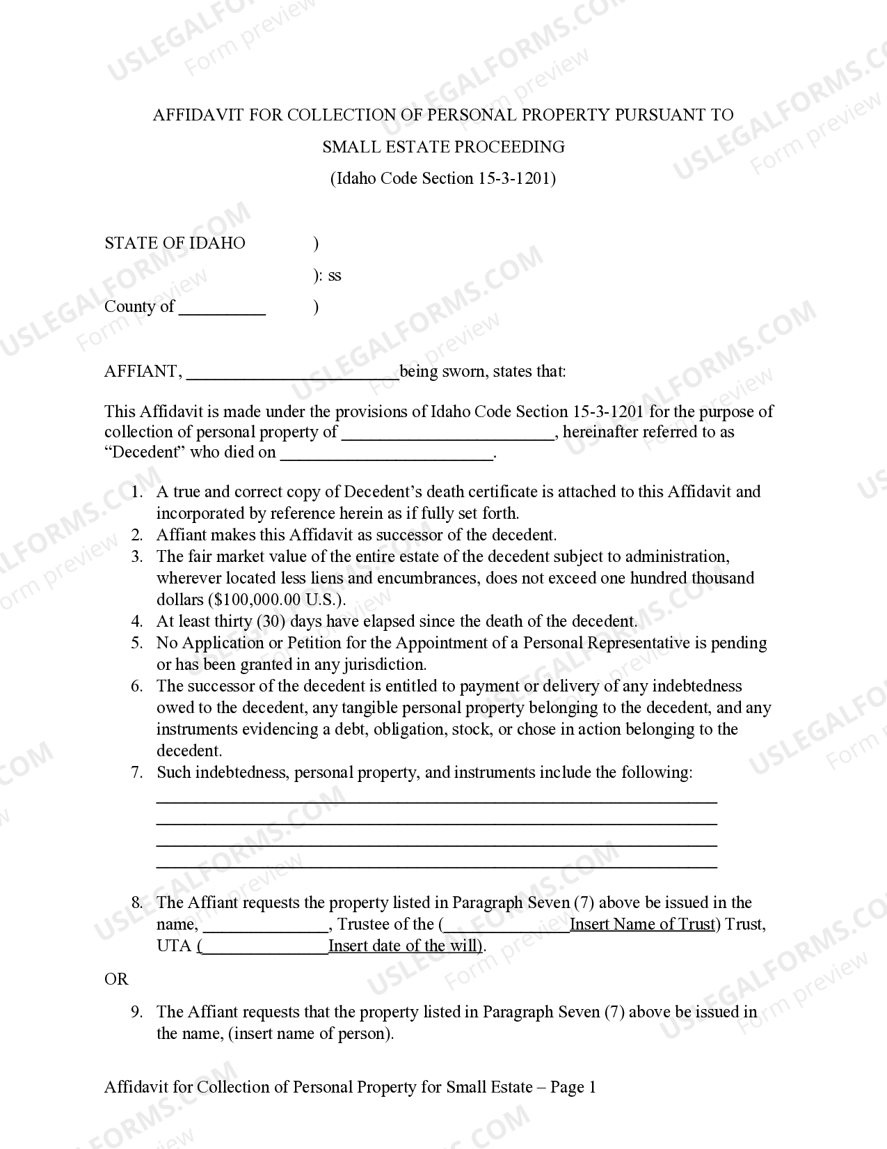 Iowa Affidavit for Collection of Personal Property Pursut to Small ...