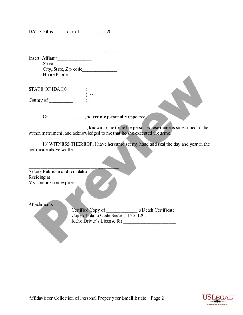 Preview Affidavit for Collection of Personal Property Pursut to Small Estate Proceeding