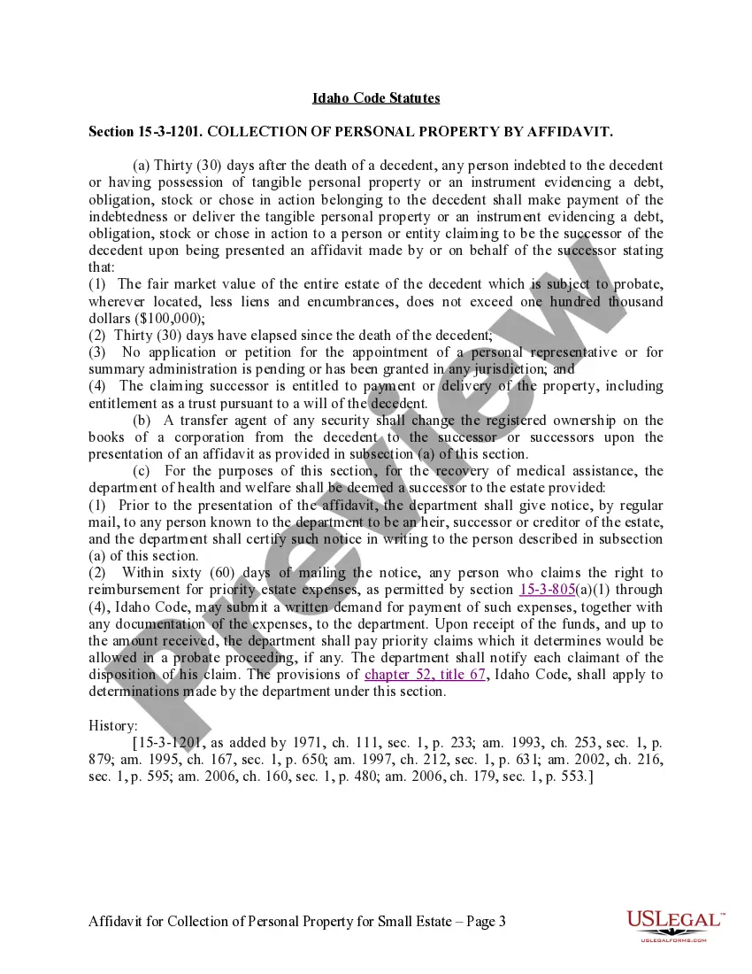 Preview Affidavit for Collection of Personal Property Pursut to Small Estate Proceeding