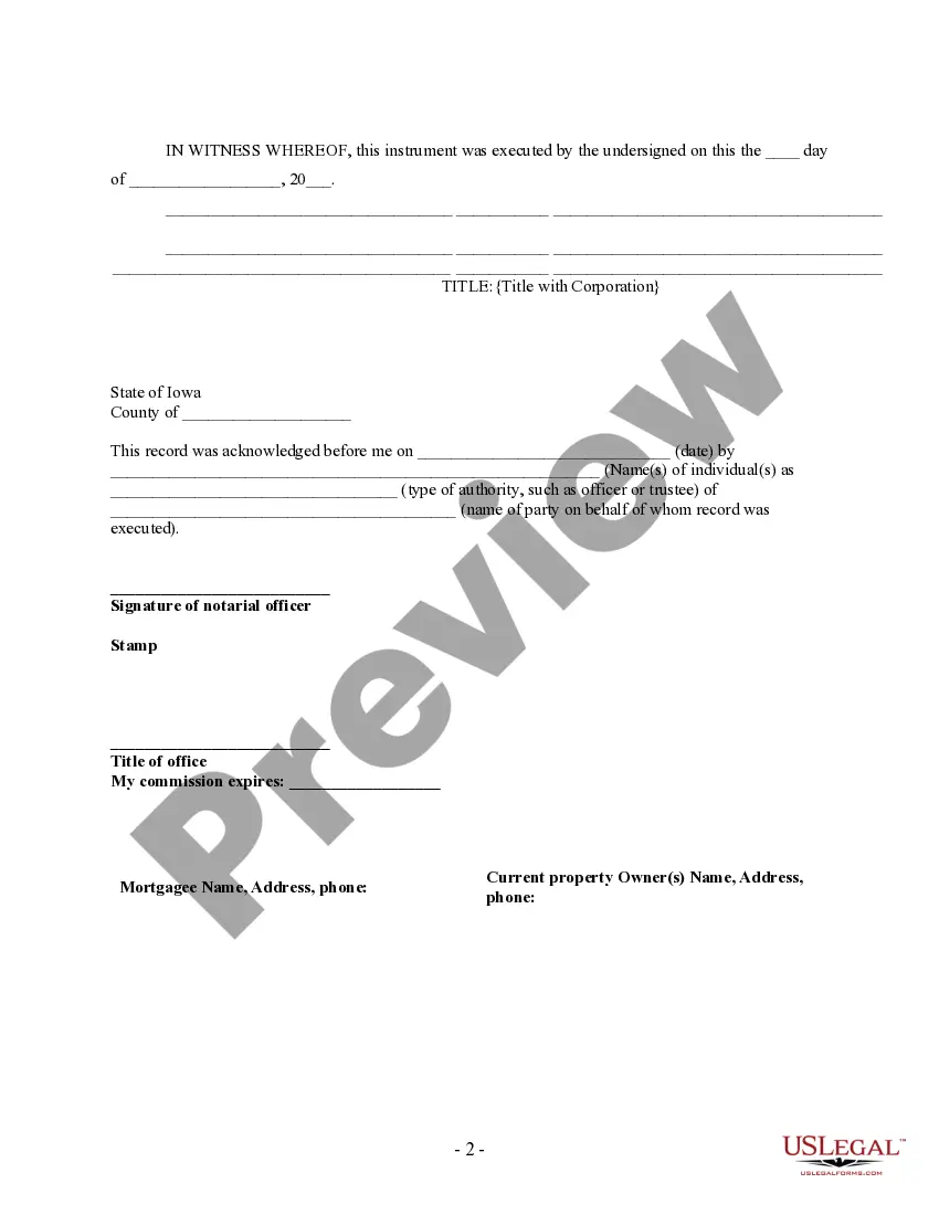 Preview Partial Release of Property From Mortgage for Corporation