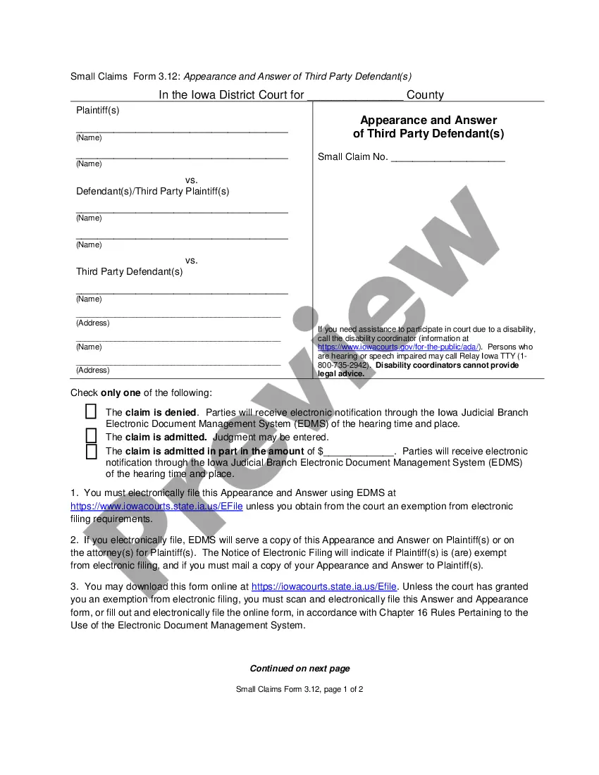 Iowa Appearance And Answer Of Third Party Defendant Us Legal Forms