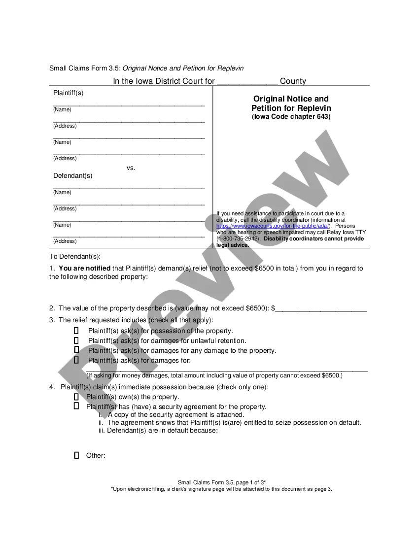 Iowa Original Notice Action of Replevin or Repossession Writ Of