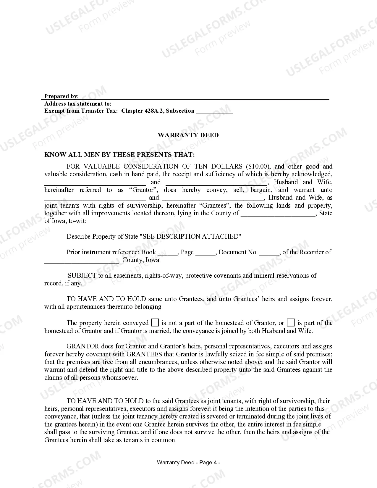 Preview Warranty Deed for Husband and Wife Converting Property from Tenants in Common to Joint Tenancy