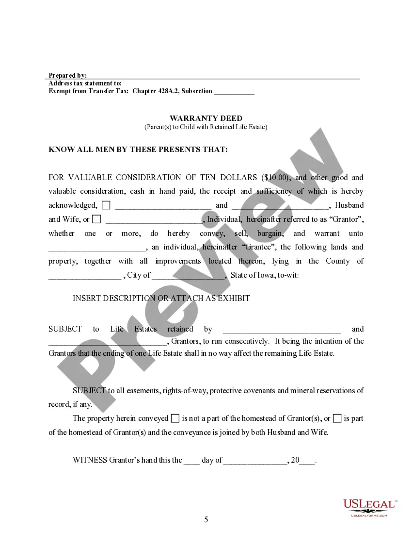 Preview Warranty Deed for Parents to Child with Reservation of Life Estate