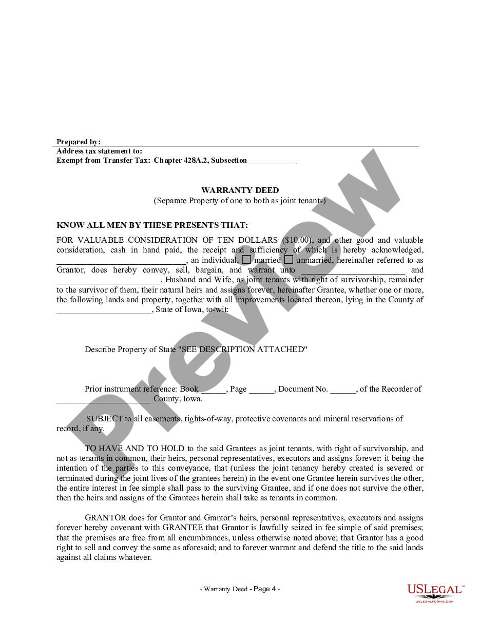 page 3 Warranty Deed to Separate Property of One Spouse to Both Spouses as Joint Tenants preview