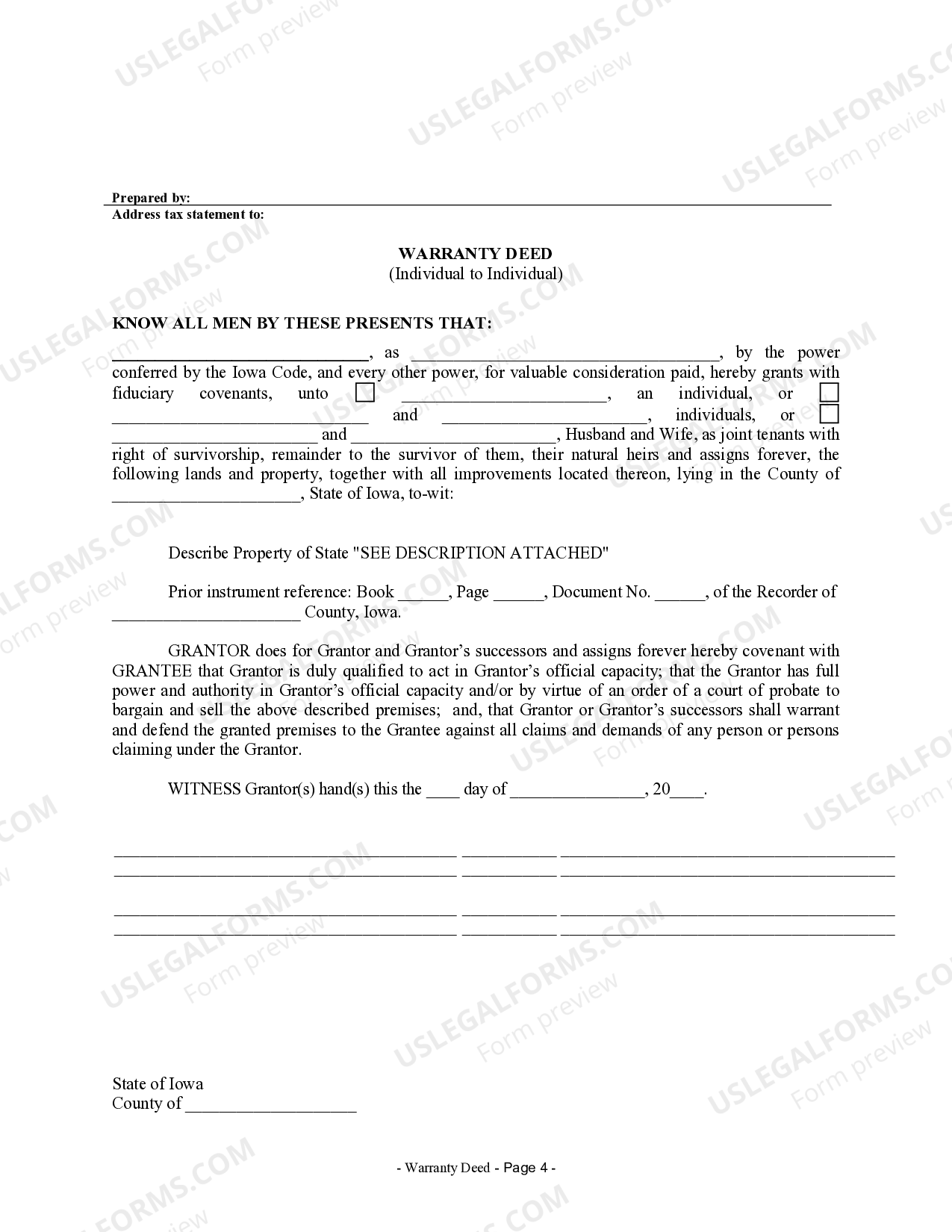 Iowa Fiduciary Deed for use by Executors, Trustees, Trustors Executor