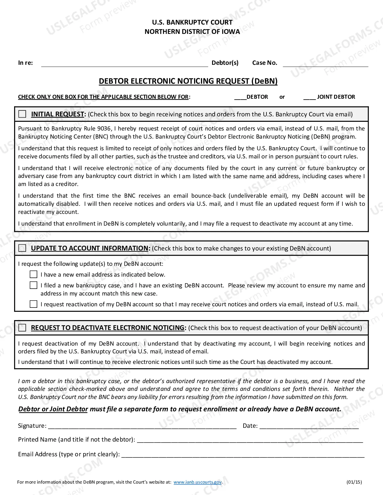 Preview Debtor Electronic Noticing Request (DeBN) Form