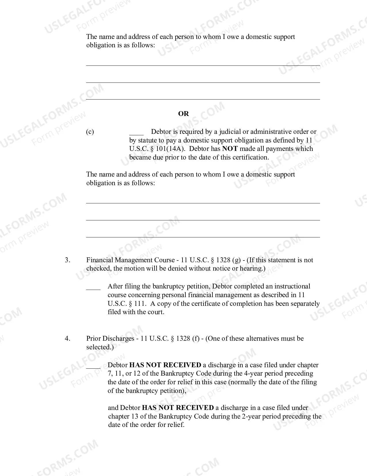 Preview Debtor's Certified Motion for Discharge (IANB1328) for Ch. 13