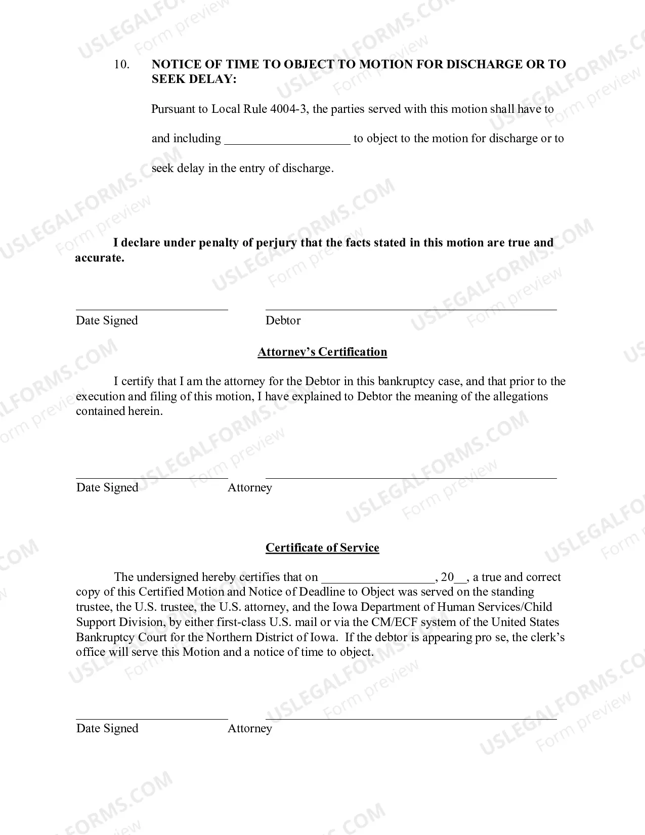 Preview Debtor's Certified Motion for Discharge (IANB1328) for Ch. 13